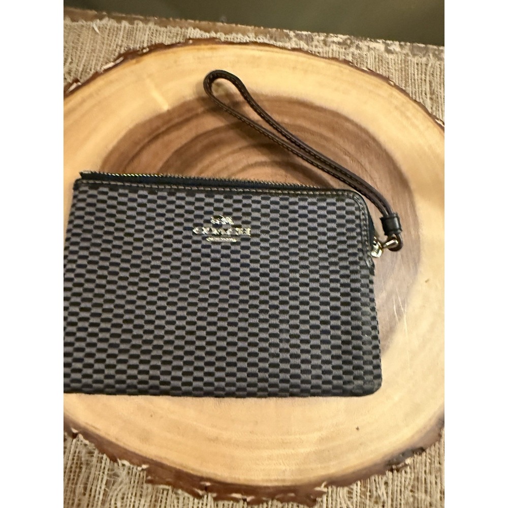 COACH Black & Gray Checkered Corner Zip Wristlet Pouch Wallet #F13311